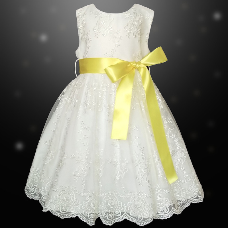 Girls Ivory Floral Lace Dress Lemon Satin Sash Flower Girl childrensspecialoccasionwear.co.uk